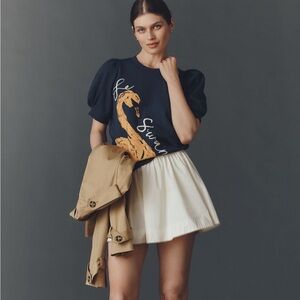 Anthropologie Maeve Navy Puff Sleeve Swan Pull-Over Sweater